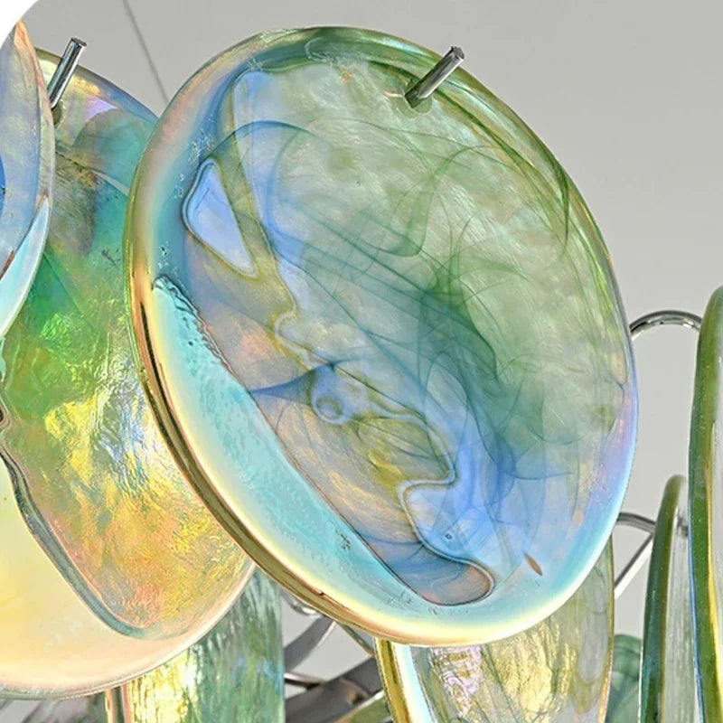 Another angle of the colorful Murano-style glass disc chandelier, with a focus on the layered arrangement of the discs.