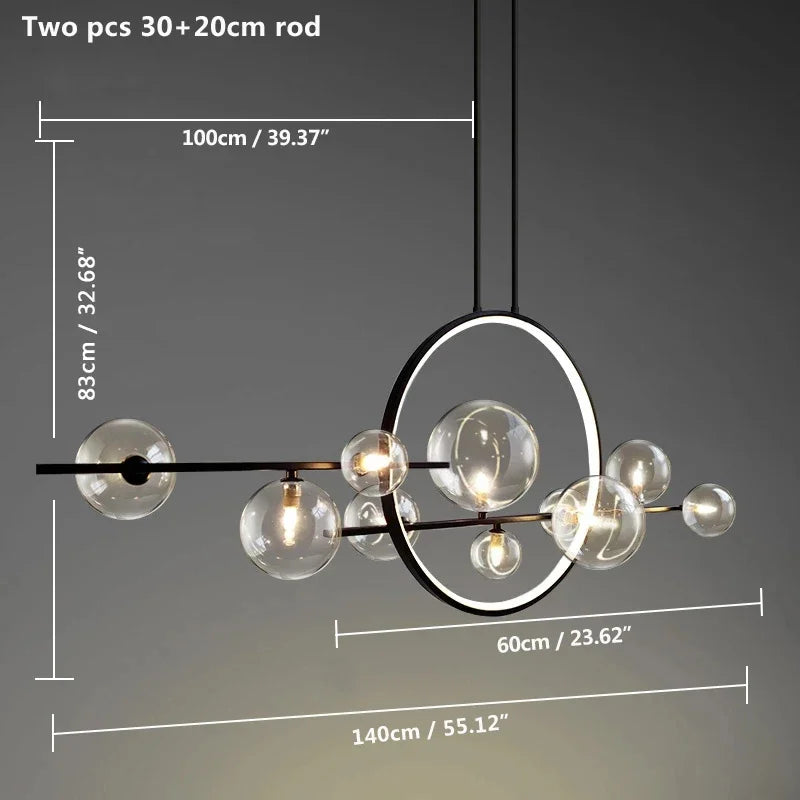Chandelier with dimensions labeled on a dark background