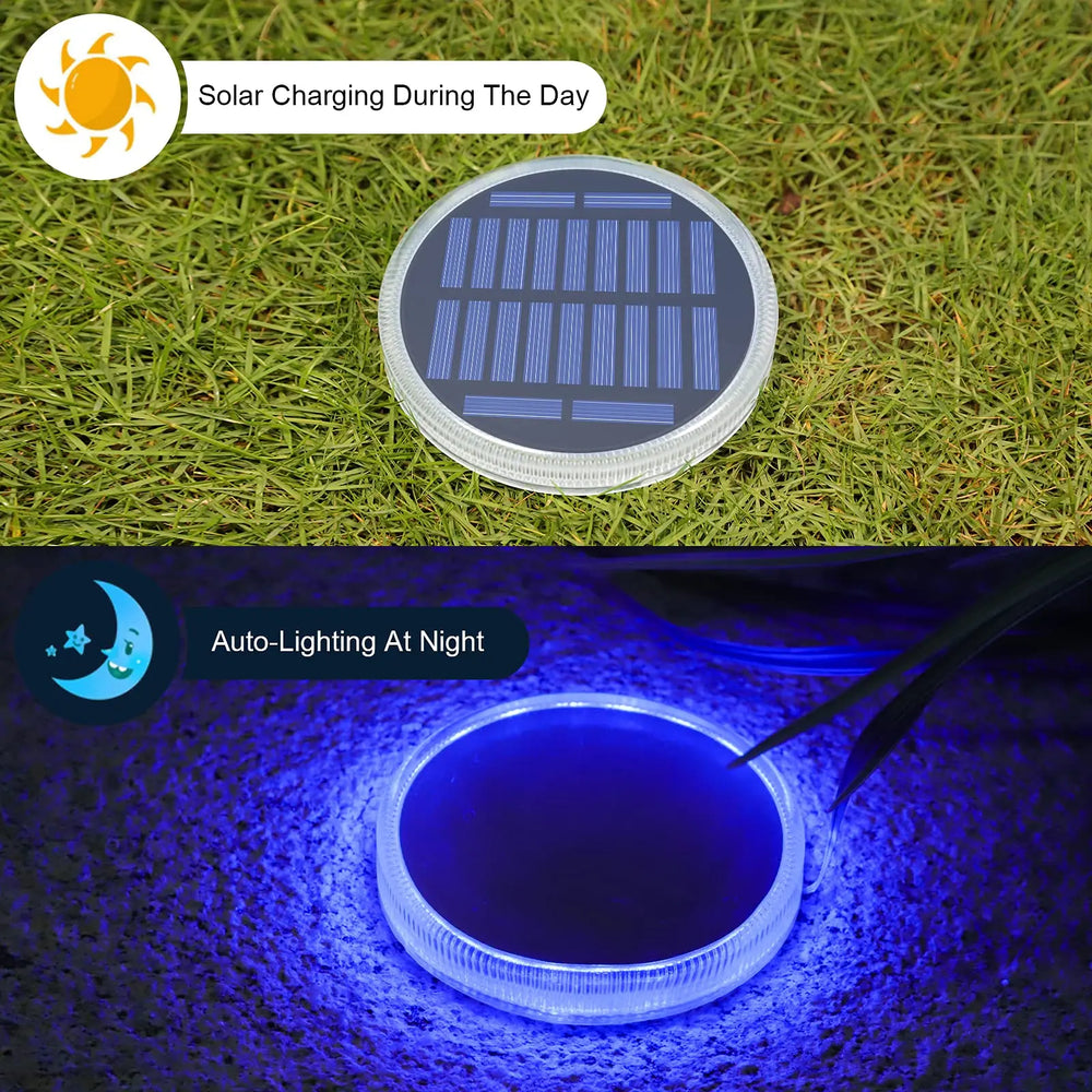 Solar-powered light on grass during the day and glowing blue at night.