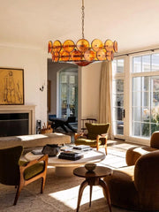 Mid-Century Amber Glass Disc Chandelier with Gold Metal Frame