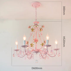 Pink Crystal Flower Chandelier with Rose Buds and Leaf Accents