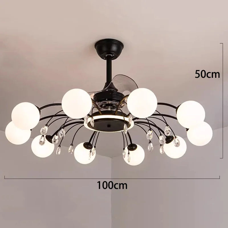 Chandelier with white bulbs and black frame on a plain background