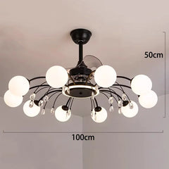 Chandelier with white bulbs and black frame on a plain background