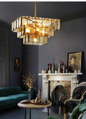 Tiered Amber Glass Chandelier with Brushed Gold Finish Metal Frame