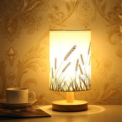 Fabric Drum Shade Table Lamp Natural Wood Base Wheat Stalk Design