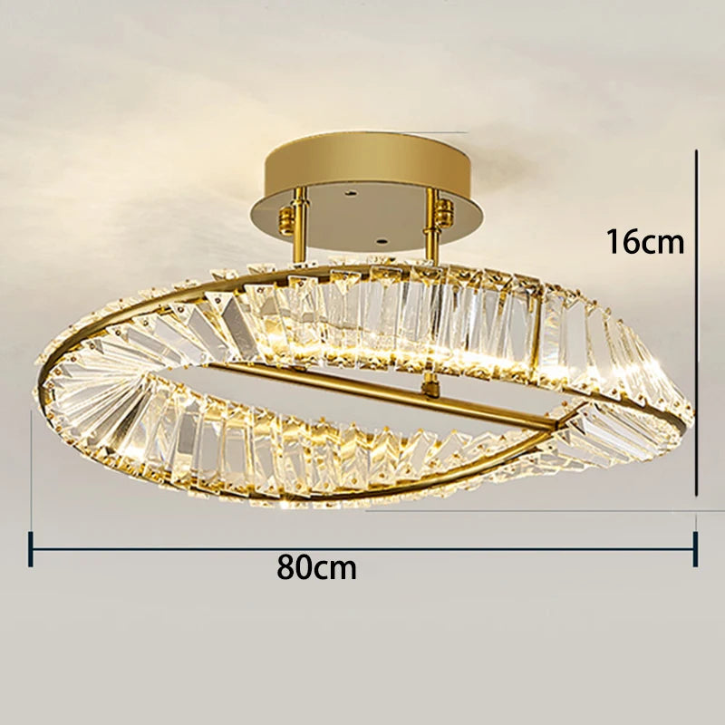 Gold ceiling light fixture with crystal design, shown with dimensions on a plain background.