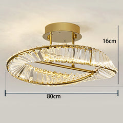 Gold ceiling light fixture with crystal design, shown with dimensions on a plain background.