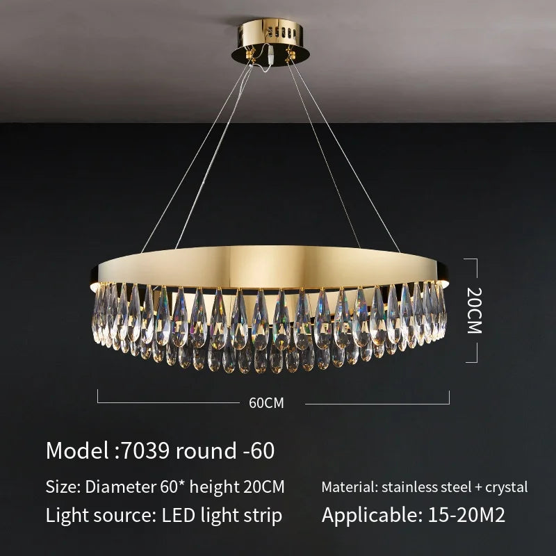 Gold chandelier with crystal accents on a dark background, featuring dimensions and material details.