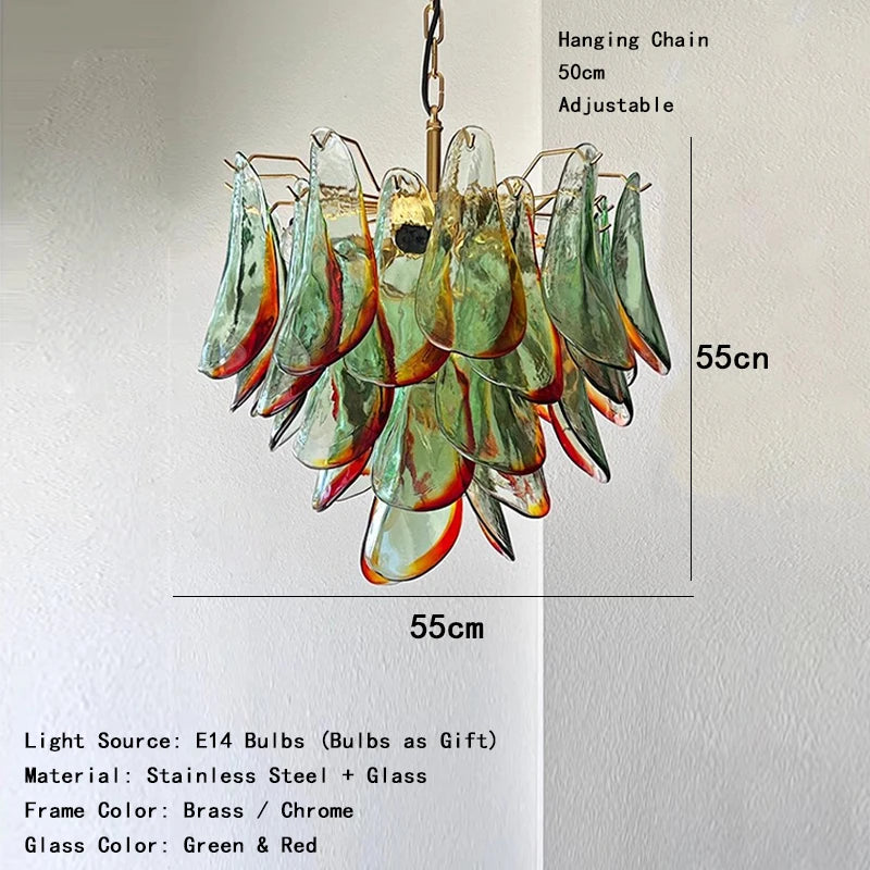 Chandelier with green and red glass shades on a white background, showing dimensions and material details.