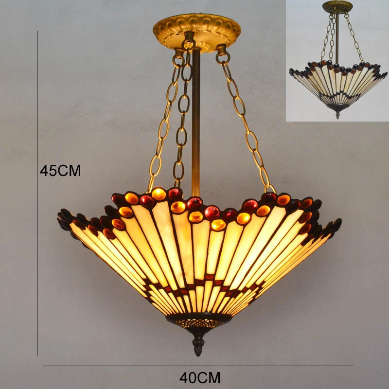 Tiffany-style fan pendant light with dimensions 45cm height and 40cm width, shown against a neutral background with a smaller inset image.