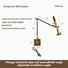 Adjustable Brass Wall Sconce with Walnut Base and Black Arm