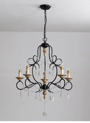Black Metal Chandelier with Wood Beads and Crystal Droplets