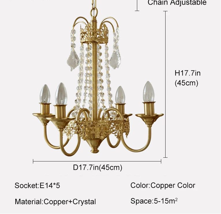 Gold chandelier with crystal accents and dimensions on a white background