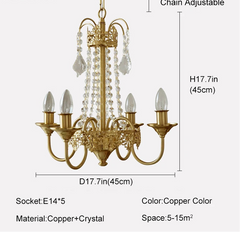 Gold chandelier with crystal accents and dimensions on a white background