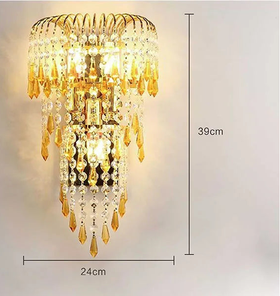 Decorative wall light with crystal accents and dimensions on a gray background