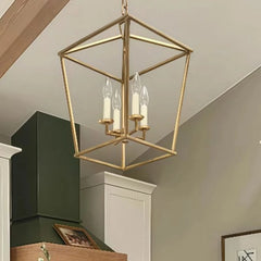 Gold Geometric Cage Pendant Light Fixture Floral Stems Glass Shades