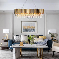Gold Rectangular Tiered K9 Crystal Chandelier Pendant Light Fixture