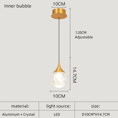 Pendant light with dimensions and material details on a white background