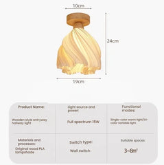 Wooden style entryway hallway light with dimensions and specifications on a white background