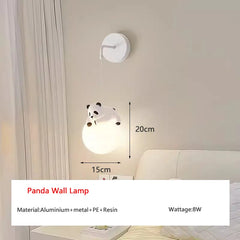 Panda wall lamp on a wall with measurements and product details displayed.
