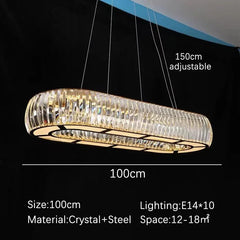 Crystal chandelier with dimensions and specifications on a black background