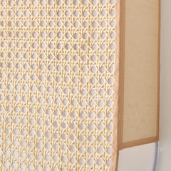 Close-up of a woven light beige panel with a geometric pattern