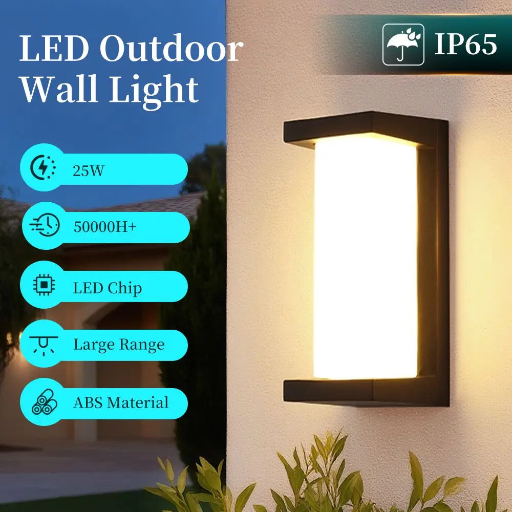 Product details graphic highlighting features like 25W power, 50000+ hour lifespan, LED chip, large range, and ABS material for the outdoor wall light.