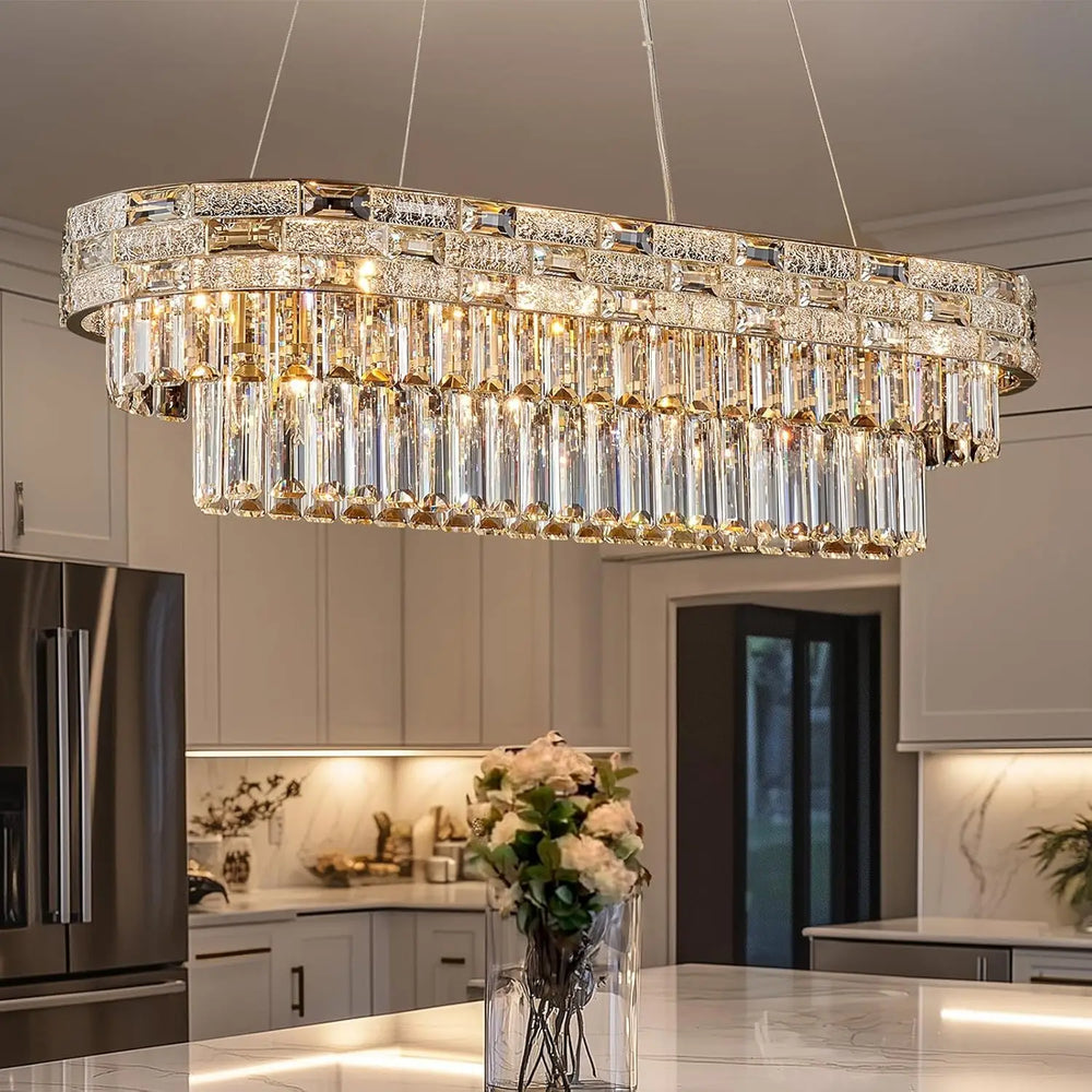 Rectangular version of the gold crystal tiered ring chandelier in a kitchen.