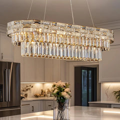 Rectangular version of the gold crystal tiered ring chandelier in a kitchen.