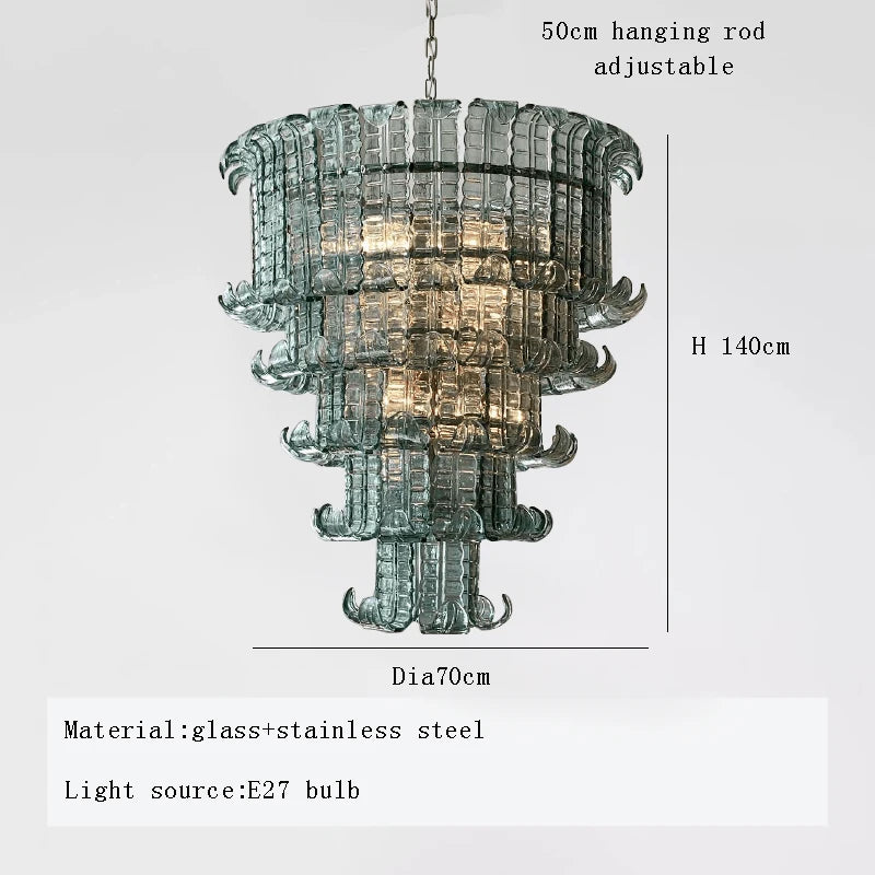 Decorative chandelier with dimensions and material details on a white background