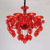 Red lotus leaf bud shaped crystal chandelier with multiple tiers and teardrop accents