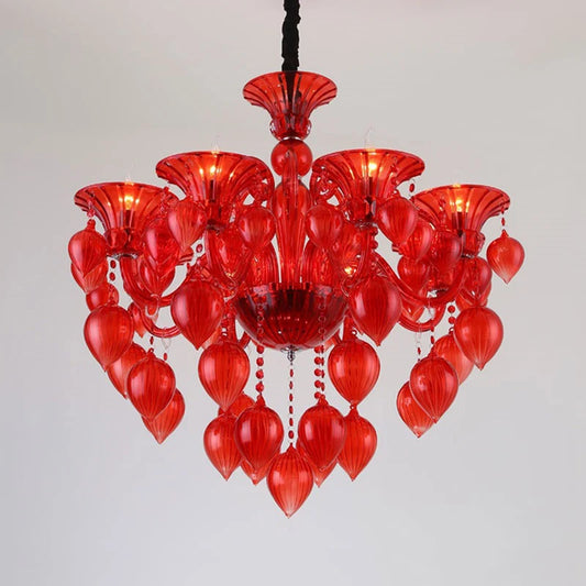 Red lotus leaf bud shaped crystal chandelier with multiple tiers and teardrop accents