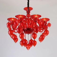 Red lotus leaf bud shaped crystal chandelier with multiple tiers and teardrop accents