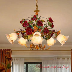 Gold Metal Rose Bud Chandelier with Frosted Glass Bell Shades