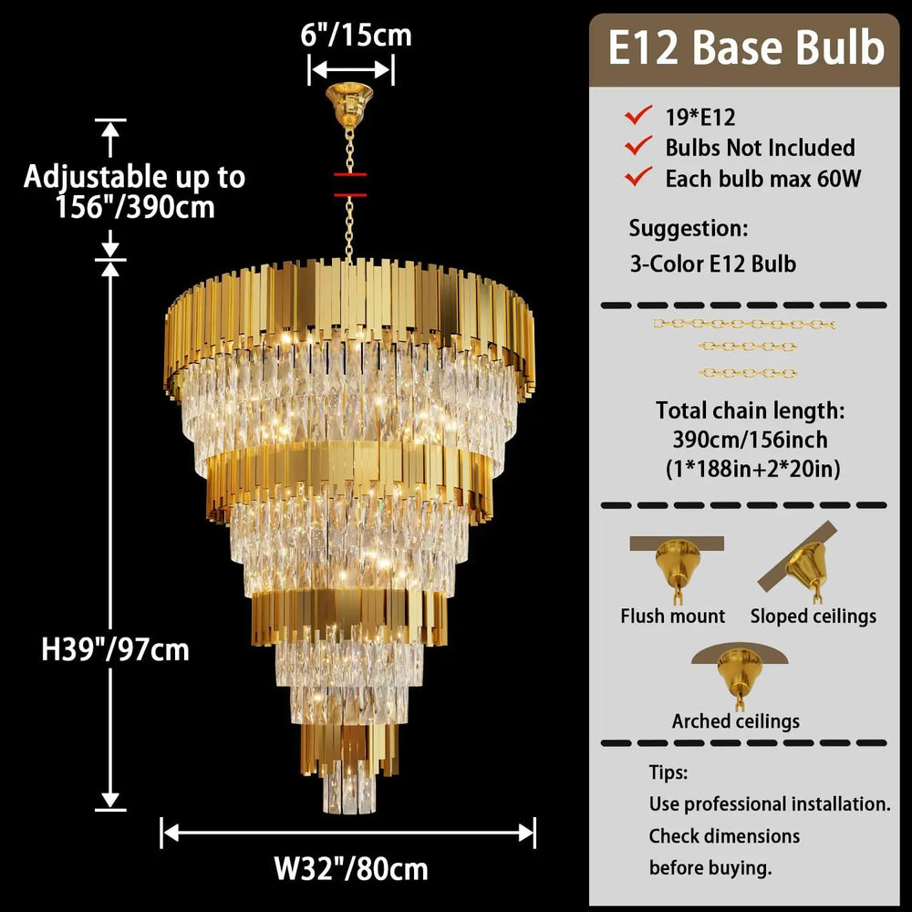 Gold chandelier with dimensions and bulb information on a black background
