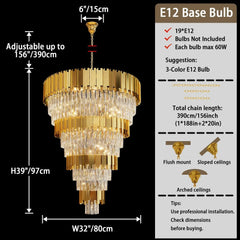 Gold chandelier with dimensions and bulb information on a black background