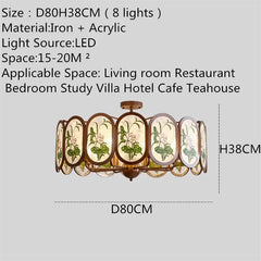 Bronze Chandelier with Frosted Glass and Green Leaf Floral Accents
