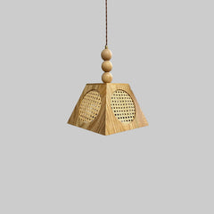 Wooden pendant light with dimensions and specifications on a beige background