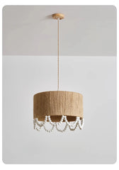 Jute Drum Pendant Light with Natural Wood Beads Accent