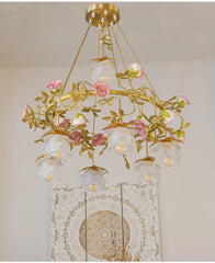 Gold Metal Chandelier With Pink Rose Ceramic Flowers & Frosted Glass Shades