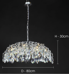 Crystal chandelier with dimensions on a black background