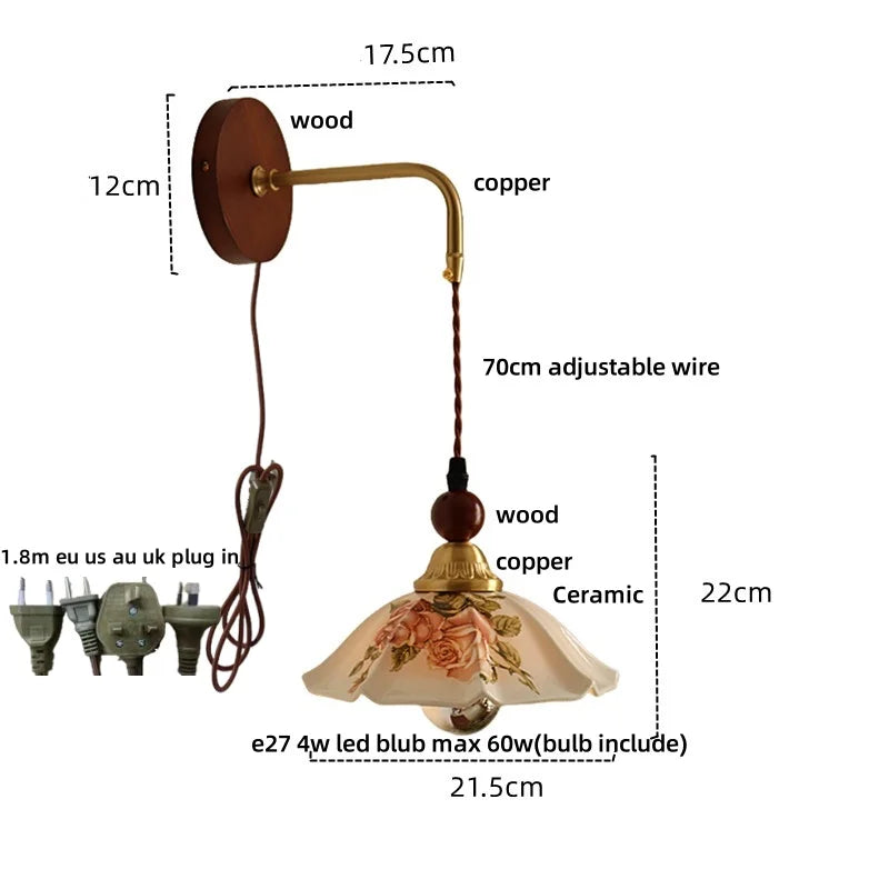 Wall-mounted lamp with dimensions and material labels on a white background