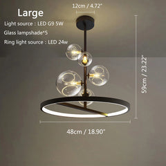 Chandelier with dimensions and light source details on a gray background