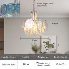 Gold Glass Beaded Chandelier with Pearl Strings Pendant Light