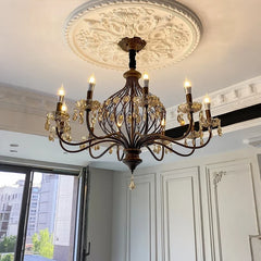 Bronze Floral Crystal Chandelier Pendant Light with Amber Gem Accents