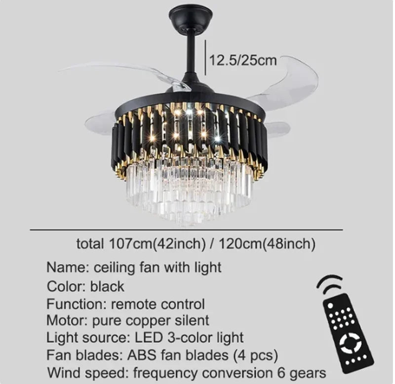 Ceiling fan with light fixture and remote control on a gray background