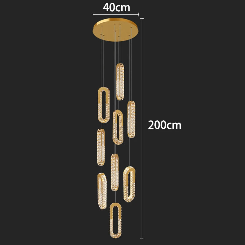 Gold chandelier with dimensions labeled on a black background