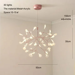 Chandelier with 30 lights, material listed as metal and acrylic, dimensions shown on a white wall.