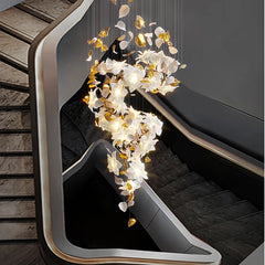 Gold Petal & White Flower Chandelier with Cascading Design