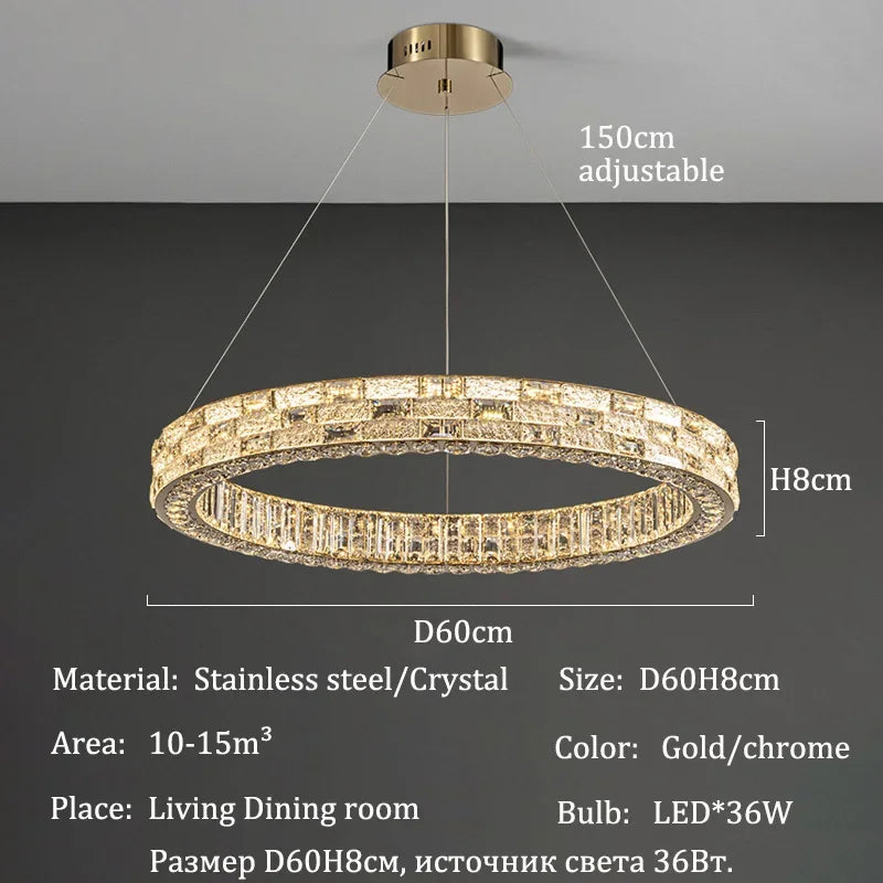 Chandelier with dimensions and material details on a gray background